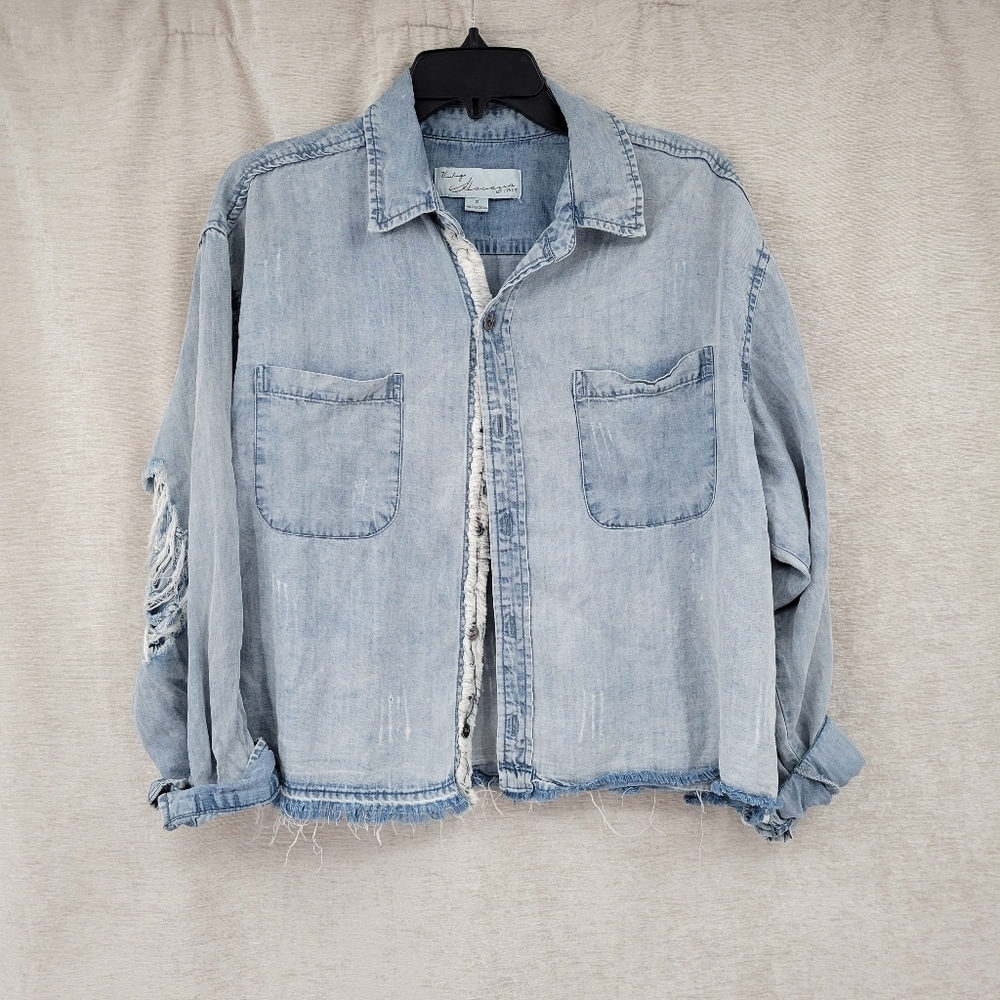 Vintage Havana Light Blue Denim Button Down Shirt Distressed Ragged Oversized - Picture 3 of 9